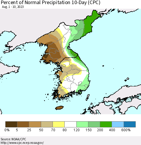 Korea Percent of Normal Precipitation 10-Day (CPC) Thematic Map For 8/1/2023 - 8/10/2023