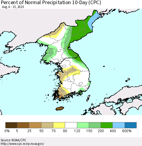 Korea Percent of Normal Precipitation 10-Day (CPC) Thematic Map For 8/6/2023 - 8/15/2023