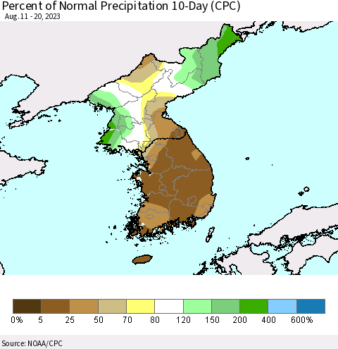 Korea Percent of Normal Precipitation 10-Day (CPC) Thematic Map For 8/11/2023 - 8/20/2023
