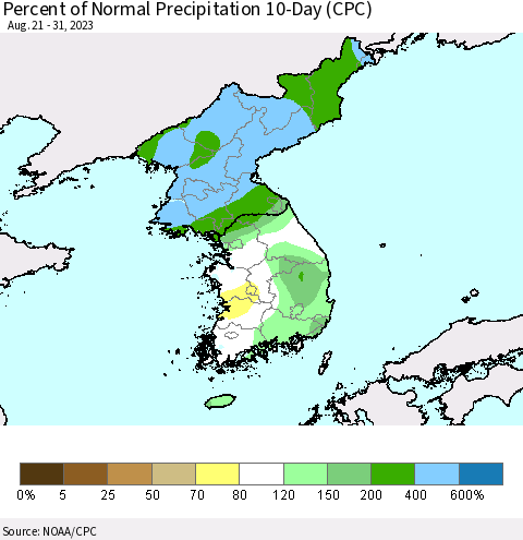 Korea Percent of Normal Precipitation 10-Day (CPC) Thematic Map For 8/21/2023 - 8/31/2023