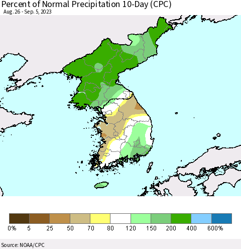 Korea Percent of Normal Precipitation 10-Day (CPC) Thematic Map For 8/26/2023 - 9/5/2023
