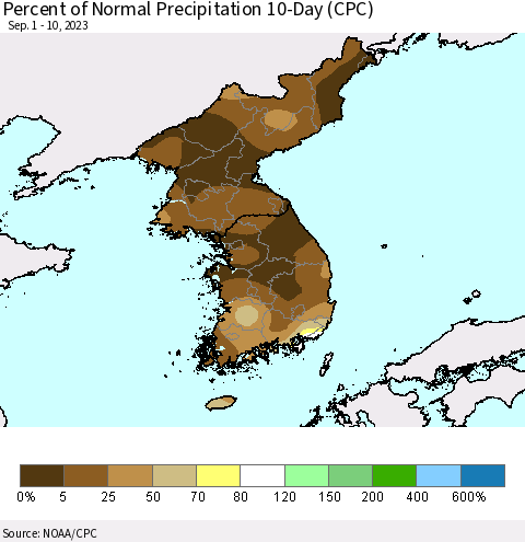 Korea Percent of Normal Precipitation 10-Day (CPC) Thematic Map For 9/1/2023 - 9/10/2023