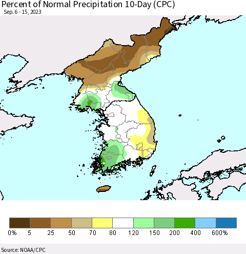 Korea Percent of Normal Precipitation 10-Day (CPC) Thematic Map For 9/6/2023 - 9/15/2023