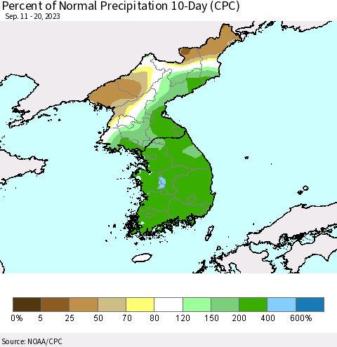 Korea Percent of Normal Precipitation 10-Day (CPC) Thematic Map For 9/11/2023 - 9/20/2023
