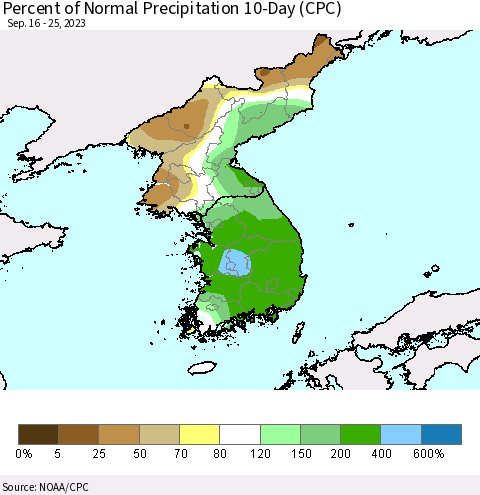 Korea Percent of Normal Precipitation 10-Day (CPC) Thematic Map For 9/16/2023 - 9/25/2023