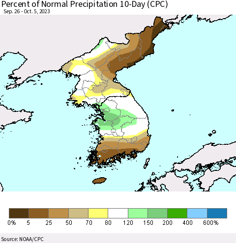 Korea Percent of Normal Precipitation 10-Day (CPC) Thematic Map For 9/26/2023 - 10/5/2023