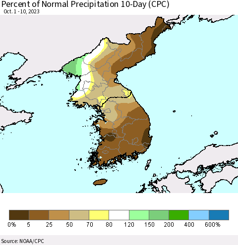 Korea Percent of Normal Precipitation 10-Day (CPC) Thematic Map For 10/1/2023 - 10/10/2023