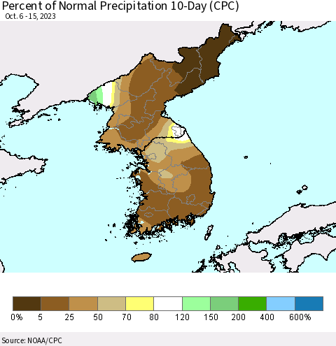 Korea Percent of Normal Precipitation 10-Day (CPC) Thematic Map For 10/6/2023 - 10/15/2023