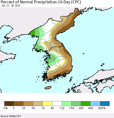 Korea Percent of Normal Precipitation 10-Day (CPC) Thematic Map For 10/11/2023 - 10/20/2023