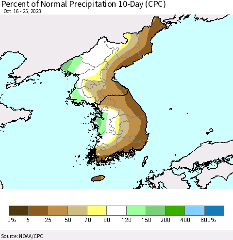 Korea Percent of Normal Precipitation 10-Day (CPC) Thematic Map For 10/16/2023 - 10/25/2023