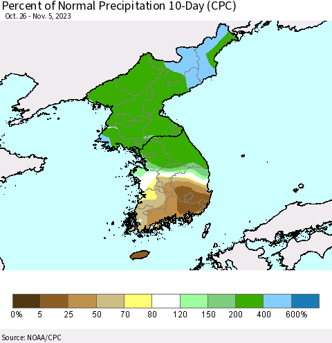 Korea Percent of Normal Precipitation 10-Day (CPC) Thematic Map For 10/26/2023 - 11/5/2023