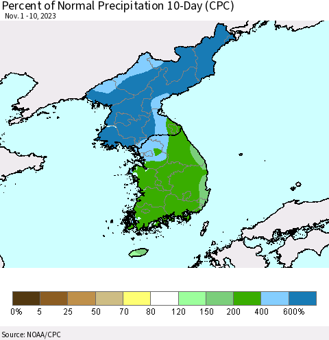 Korea Percent of Normal Precipitation 10-Day (CPC) Thematic Map For 11/1/2023 - 11/10/2023
