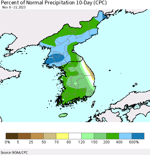 Korea Percent of Normal Precipitation 10-Day (CPC) Thematic Map For 11/6/2023 - 11/15/2023
