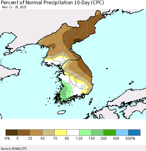 Korea Percent of Normal Precipitation 10-Day (CPC) Thematic Map For 11/11/2023 - 11/20/2023