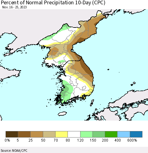 Korea Percent of Normal Precipitation 10-Day (CPC) Thematic Map For 11/16/2023 - 11/25/2023
