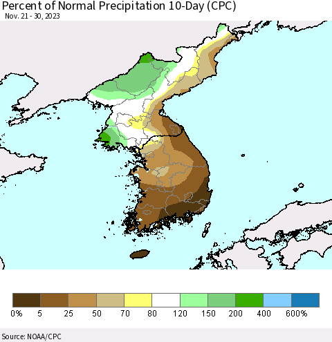 Korea Percent of Normal Precipitation 10-Day (CPC) Thematic Map For 11/21/2023 - 11/30/2023