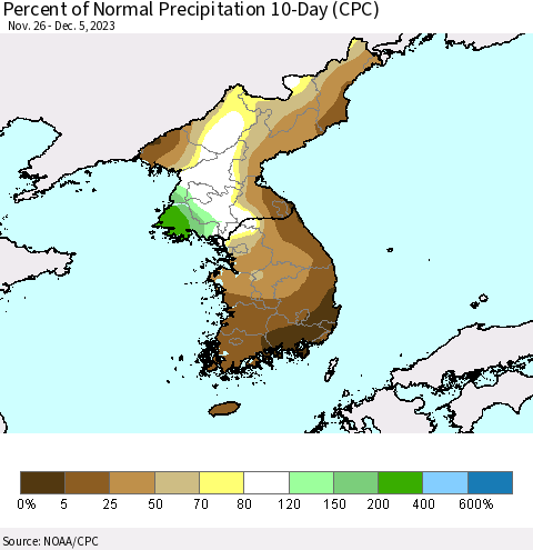 Korea Percent of Normal Precipitation 10-Day (CPC) Thematic Map For 11/26/2023 - 12/5/2023