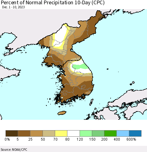 Korea Percent of Normal Precipitation 10-Day (CPC) Thematic Map For 12/1/2023 - 12/10/2023