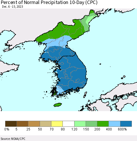 Korea Percent of Normal Precipitation 10-Day (CPC) Thematic Map For 12/6/2023 - 12/15/2023