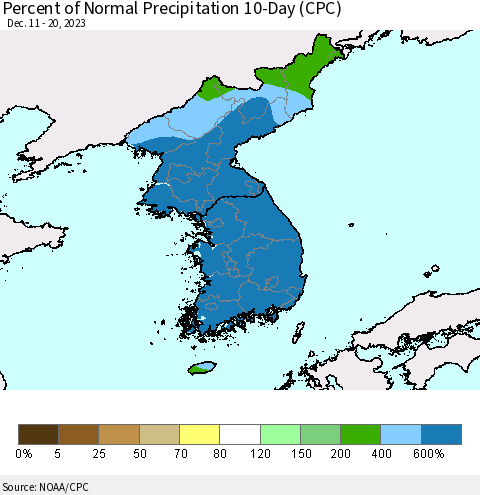 Korea Percent of Normal Precipitation 10-Day (CPC) Thematic Map For 12/11/2023 - 12/20/2023