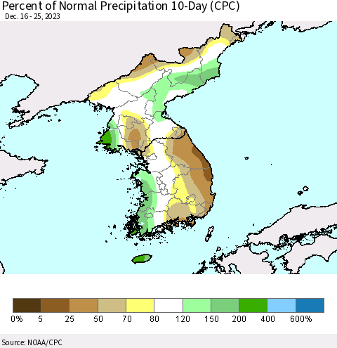 Korea Percent of Normal Precipitation 10-Day (CPC) Thematic Map For 12/16/2023 - 12/25/2023