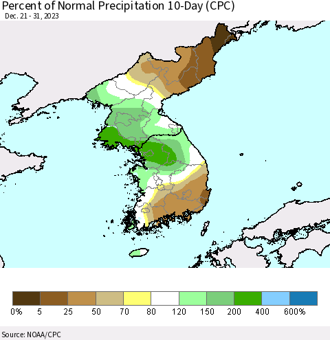 Korea Percent of Normal Precipitation 10-Day (CPC) Thematic Map For 12/21/2023 - 12/31/2023
