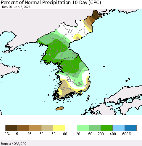 Korea Percent of Normal Precipitation 10-Day (CPC) Thematic Map For 12/26/2023 - 1/5/2024