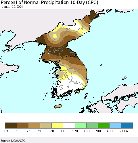 Korea Percent of Normal Precipitation 10-Day (CPC) Thematic Map For 1/1/2024 - 1/10/2024