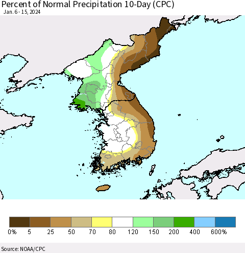 Korea Percent of Normal Precipitation 10-Day (CPC) Thematic Map For 1/6/2024 - 1/15/2024