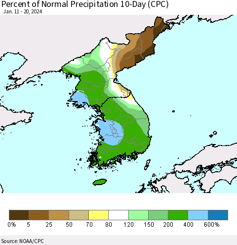 Korea Percent of Normal Precipitation 10-Day (CPC) Thematic Map For 1/11/2024 - 1/20/2024