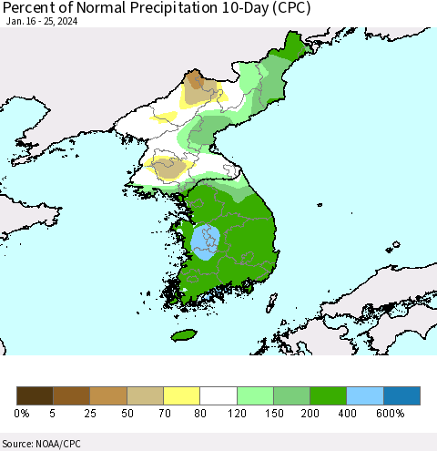 Korea Percent of Normal Precipitation 10-Day (CPC) Thematic Map For 1/16/2024 - 1/25/2024