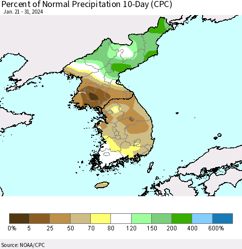 Korea Percent of Normal Precipitation 10-Day (CPC) Thematic Map For 1/21/2024 - 1/31/2024
