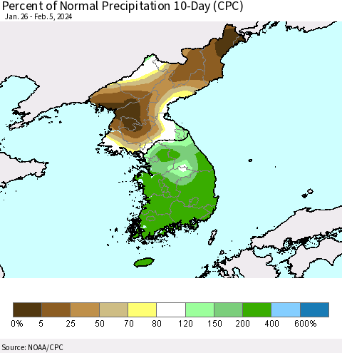 Korea Percent of Normal Precipitation 10-Day (CPC) Thematic Map For 1/26/2024 - 2/5/2024