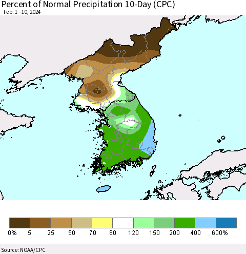 Korea Percent of Normal Precipitation 10-Day (CPC) Thematic Map For 2/1/2024 - 2/10/2024