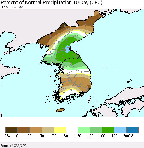 Korea Percent of Normal Precipitation 10-Day (CPC) Thematic Map For 2/6/2024 - 2/15/2024
