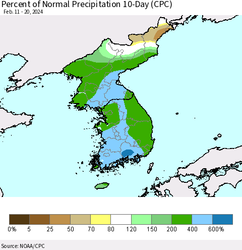 Korea Percent of Normal Precipitation 10-Day (CPC) Thematic Map For 2/11/2024 - 2/20/2024