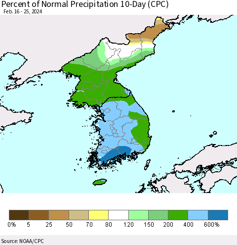 Korea Percent of Normal Precipitation 10-Day (CPC) Thematic Map For 2/16/2024 - 2/25/2024