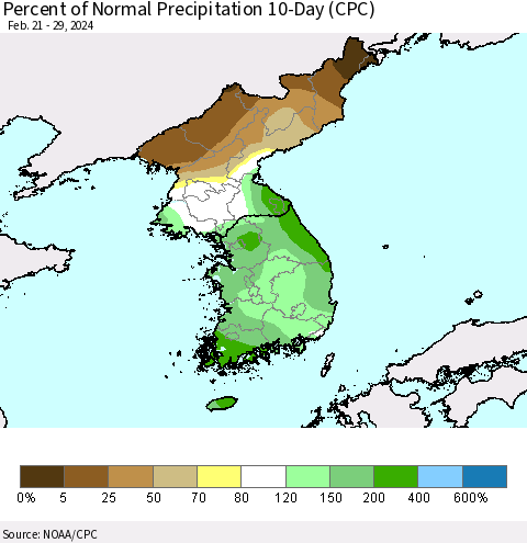 Korea Percent of Normal Precipitation 10-Day (CPC) Thematic Map For 2/21/2024 - 2/29/2024