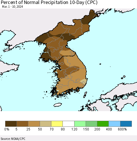 Korea Percent of Normal Precipitation 10-Day (CPC) Thematic Map For 3/1/2024 - 3/10/2024