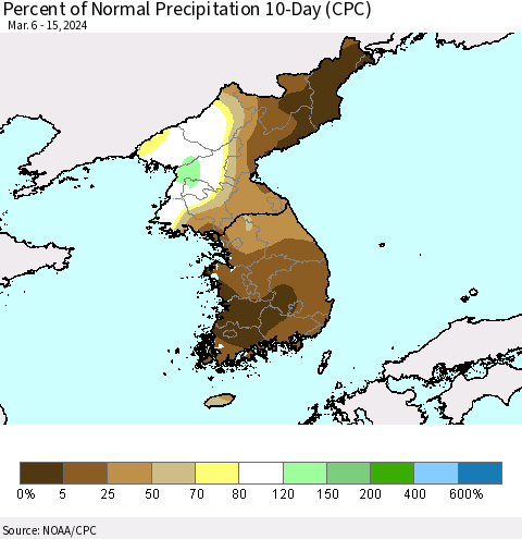 Korea Percent of Normal Precipitation 10-Day (CPC) Thematic Map For 3/6/2024 - 3/15/2024