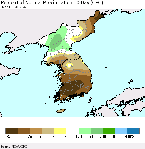 Korea Percent of Normal Precipitation 10-Day (CPC) Thematic Map For 3/11/2024 - 3/20/2024