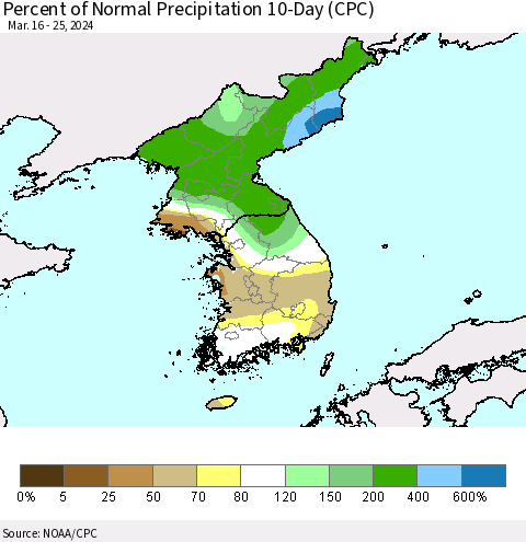 Korea Percent of Normal Precipitation 10-Day (CPC) Thematic Map For 3/16/2024 - 3/25/2024