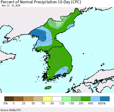 Korea Percent of Normal Precipitation 10-Day (CPC) Thematic Map For 3/21/2024 - 3/31/2024