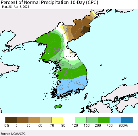 Korea Percent of Normal Precipitation 10-Day (CPC) Thematic Map For 3/26/2024 - 4/5/2024