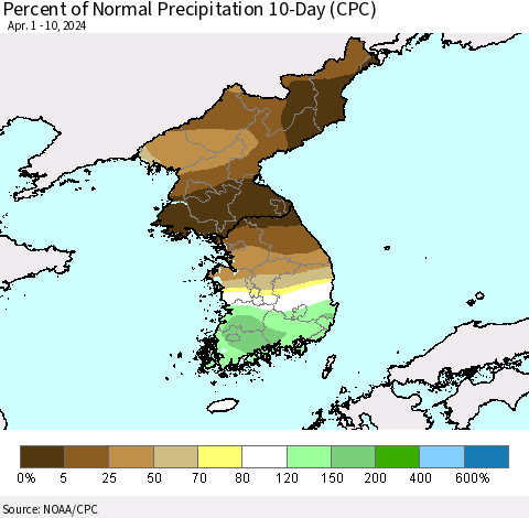 Korea Percent of Normal Precipitation 10-Day (CPC) Thematic Map For 4/1/2024 - 4/10/2024