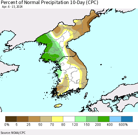 Korea Percent of Normal Precipitation 10-Day (CPC) Thematic Map For 4/6/2024 - 4/15/2024