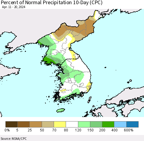 Korea Percent of Normal Precipitation 10-Day (CPC) Thematic Map For 4/11/2024 - 4/20/2024