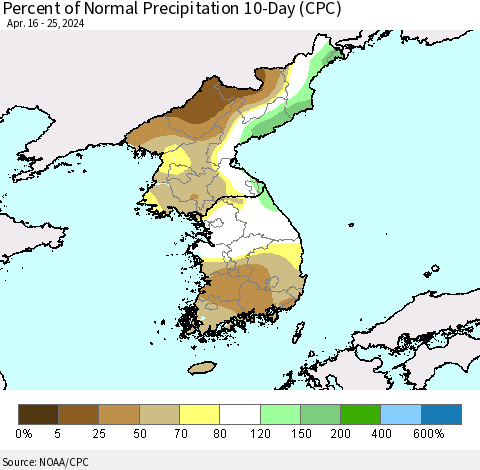 Korea Percent of Normal Precipitation 10-Day (CPC) Thematic Map For 4/16/2024 - 4/25/2024