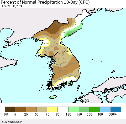 Korea Percent of Normal Precipitation 10-Day (CPC) Thematic Map For 4/21/2024 - 4/30/2024