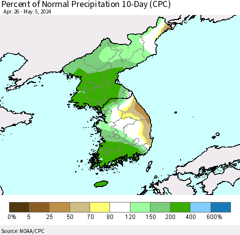 Korea Percent of Normal Precipitation 10-Day (CPC) Thematic Map For 4/26/2024 - 5/5/2024